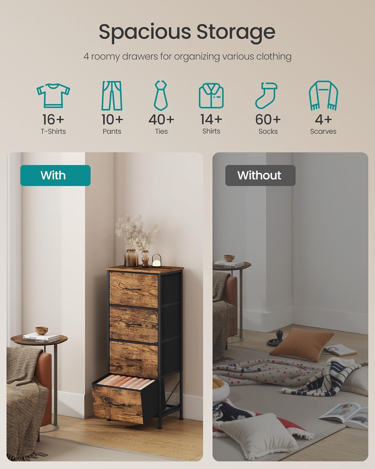 SONGMICS Dresser for Bedroom, Chest of Drawers, Steel, MDF, 4 Non-Woven Fabric Drawers, Storage Organizer Unit, Closet, Entryway, Rustic Brown and Ink Black LGS314B02S