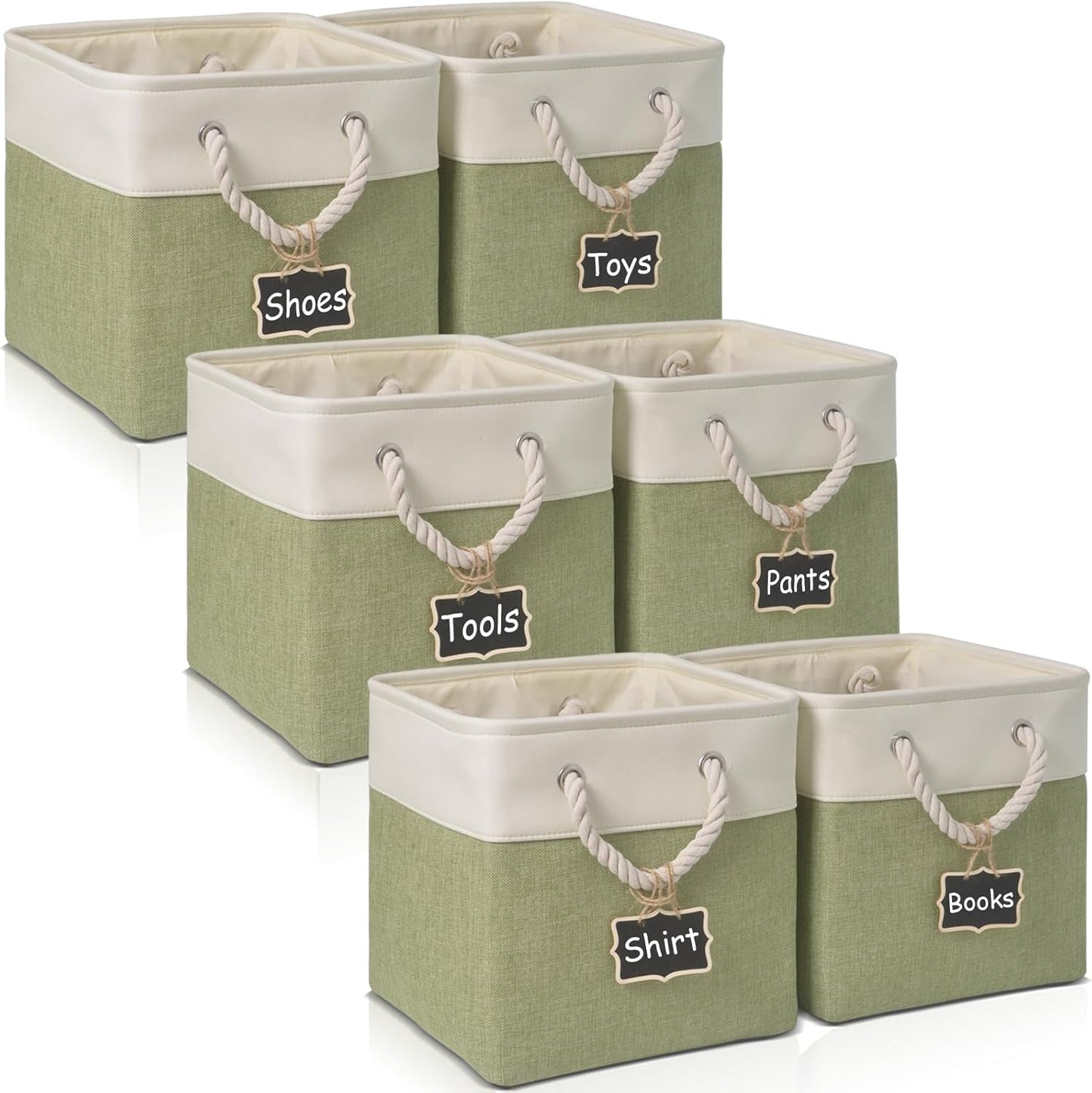 13 x 13 storage cubes[6 Pack],Cube Storage Organizer Bins with Rope Handles, Eco-Friendly Linen Collapsible Organizers for Closet, Nursery, Toys, Office, Bathroom – Dual Color Design.(White&Green)