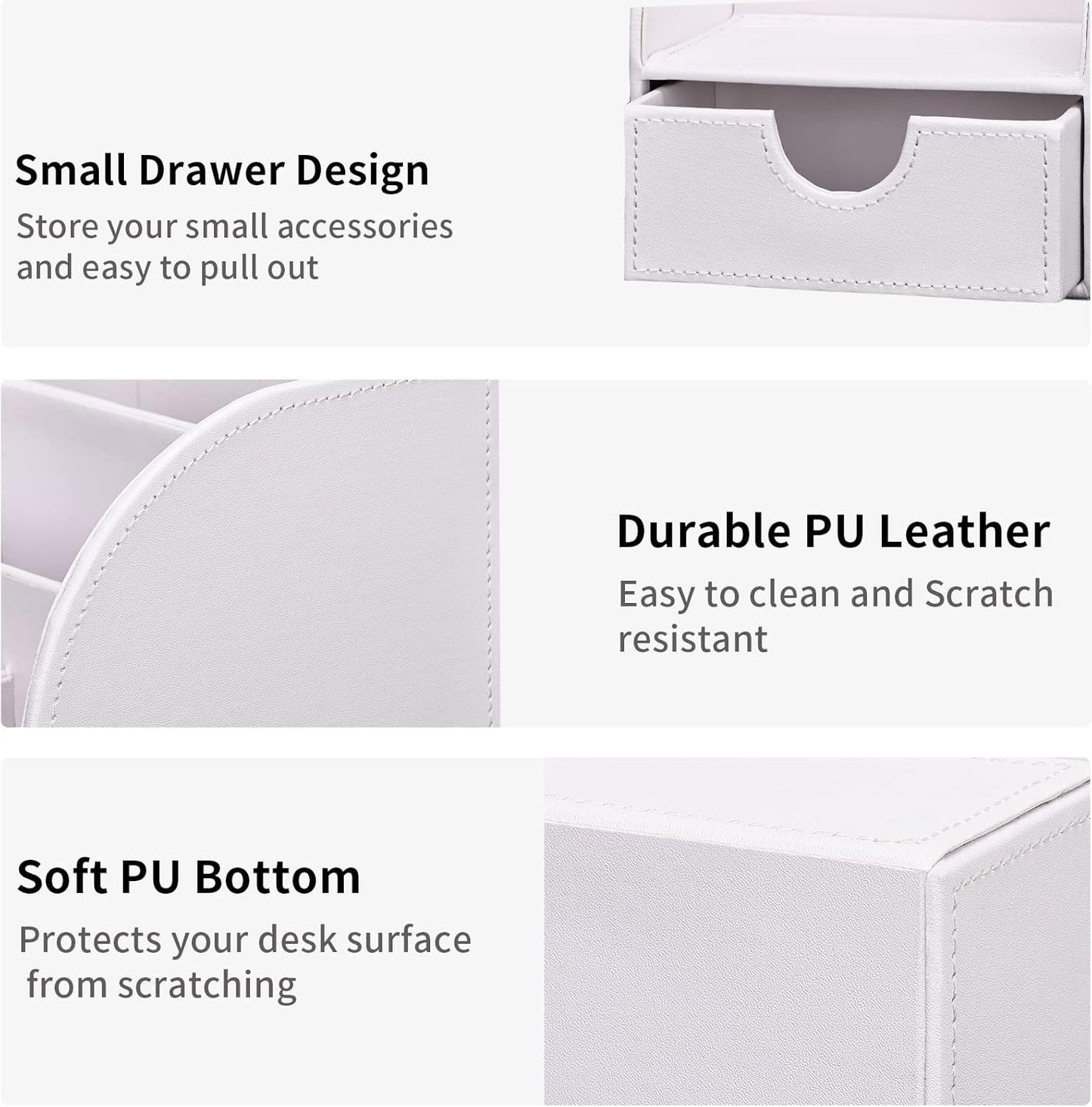 KINGFOM Pu Leather Desk Organizer Pen Pencil Holder Office Supplies Caddy Storage Box 6 Compartments with Drawer White (Full Pu Leather)
