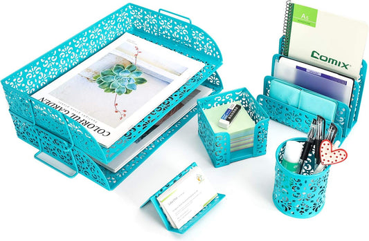 EasyPAG Desk Organizers and Accessories 5 Pieces Office Supplies Set - 2 Tier Paper Tray, Pencil Organizer for Desk, Mail Sorter Countertop, Business Card Holder and Sticky Note Holder, Dark Teal