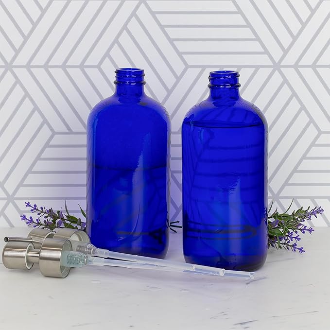 Cornucopia Brands 16-Ounce Cobalt Blue Glass Bottles w/Stainless Steel Pumps (2-Pack), Soap Dispenser w/Lotion Pumps for Essential Oils, Lotions, Liquid Soap