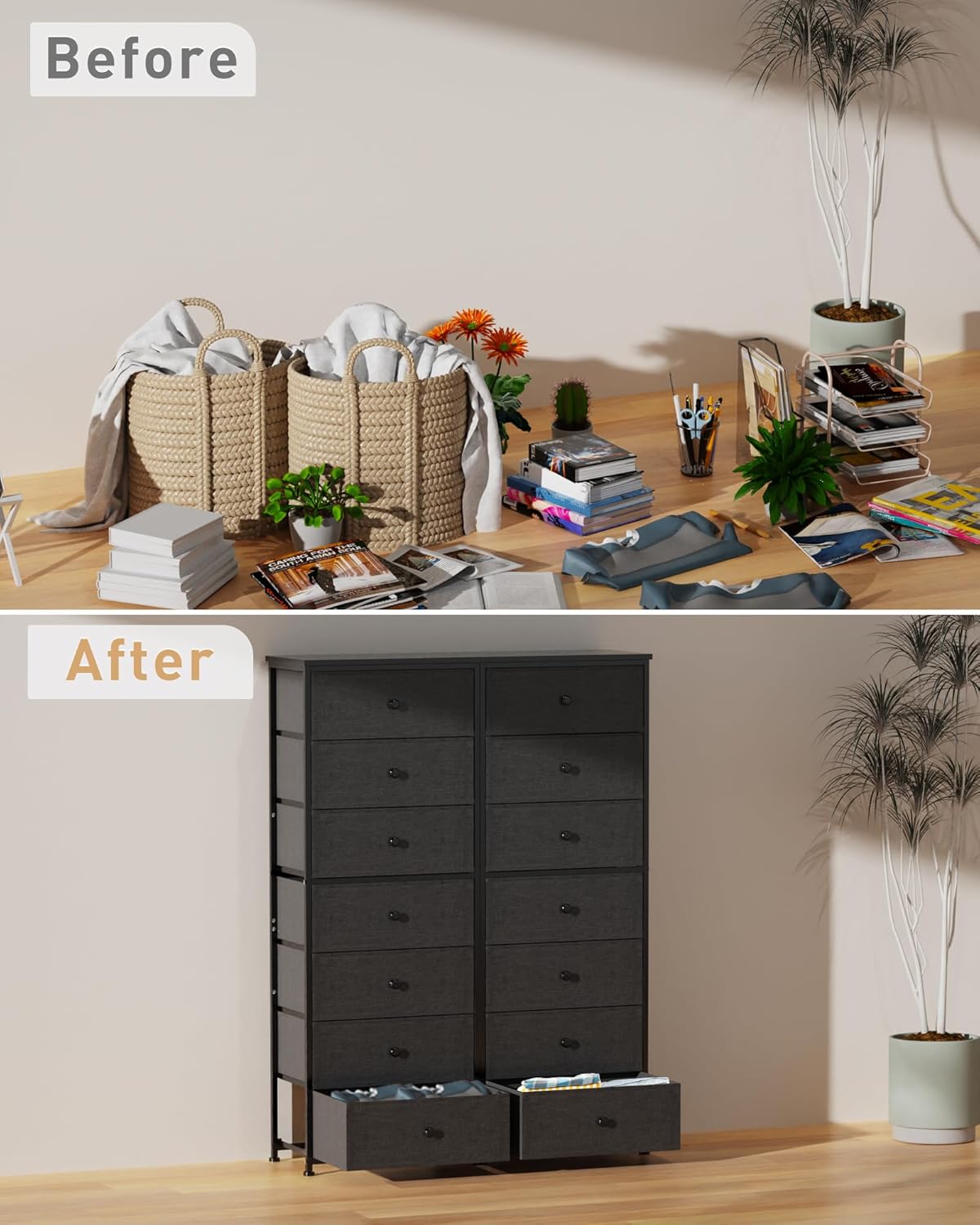 Tall Fabric Dresser for Bedroom, Vertical Storage Organizer Tower with 7 Drawers, Chest of Drawers with Bins, Steel Frame, Wood Top for Bedroom, Closet, Entryway Grey