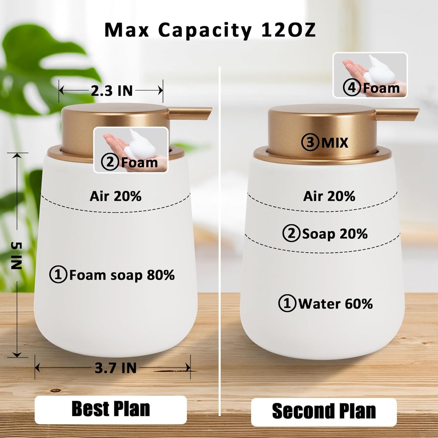 Soap Foaming Dispenser Ceramic with Easy-to-Press Pump Hand Foam Dispenser for Shampoo Bathroom Kitchen 12 oz 2pcs