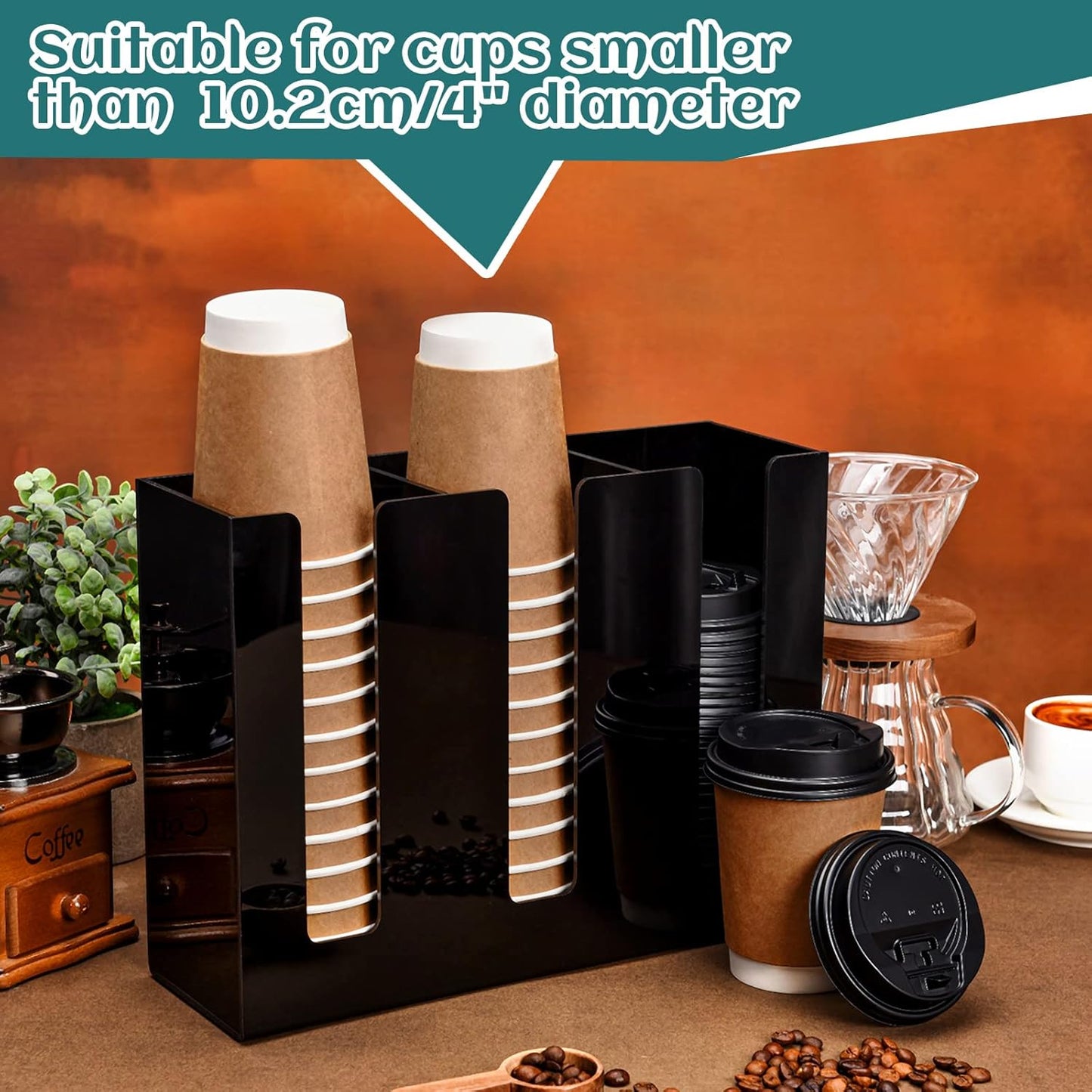 3 Compartments Acrylic Coffee Cup Dispenser Organizer Paper Cup Lid Sleeve Holder Organizer Coffee Shop Supplies Holder Storage for Counter Wall(Black)