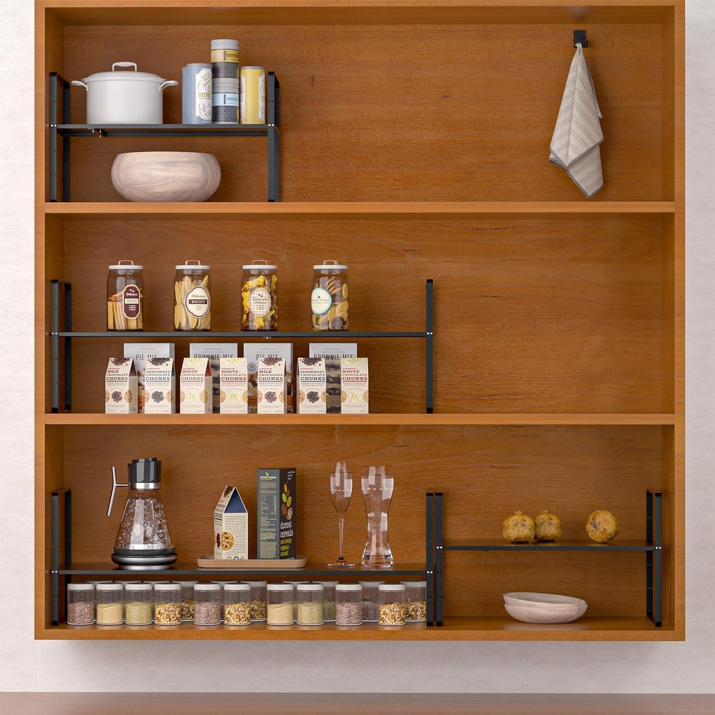 Redrubbit Expandable Cabinet Shelf Organizers, Stackable Kitchen Counter Shelves Spice Rack for Kitchen Bathroom Pantry Cupboard Desk Home Office, Metal Plate Heavy Duty Nonslip Black