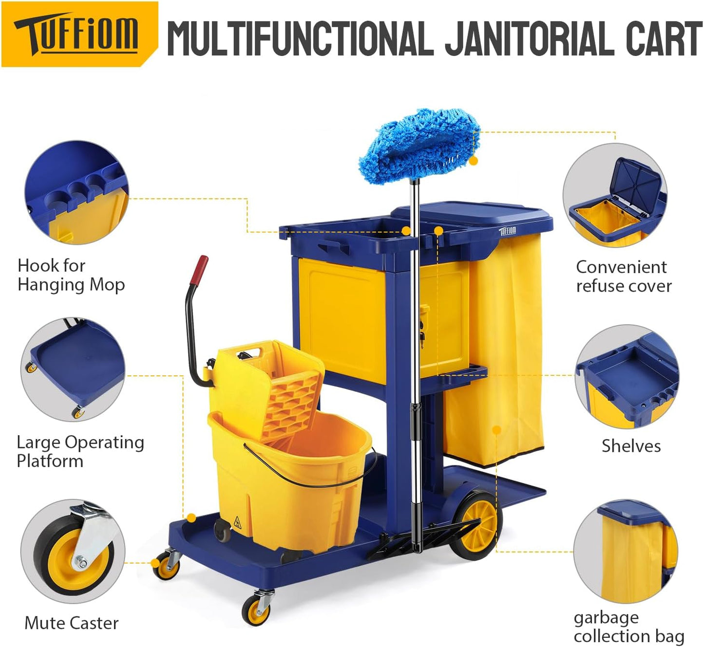 TUFFIOM Multifunctional Janitorial Cart with Key-Locking Cabinet,Cleaning Carts on Wheels,with 15 Gallon Collection Bag,500 lbs Capacity, Yellow&Blue