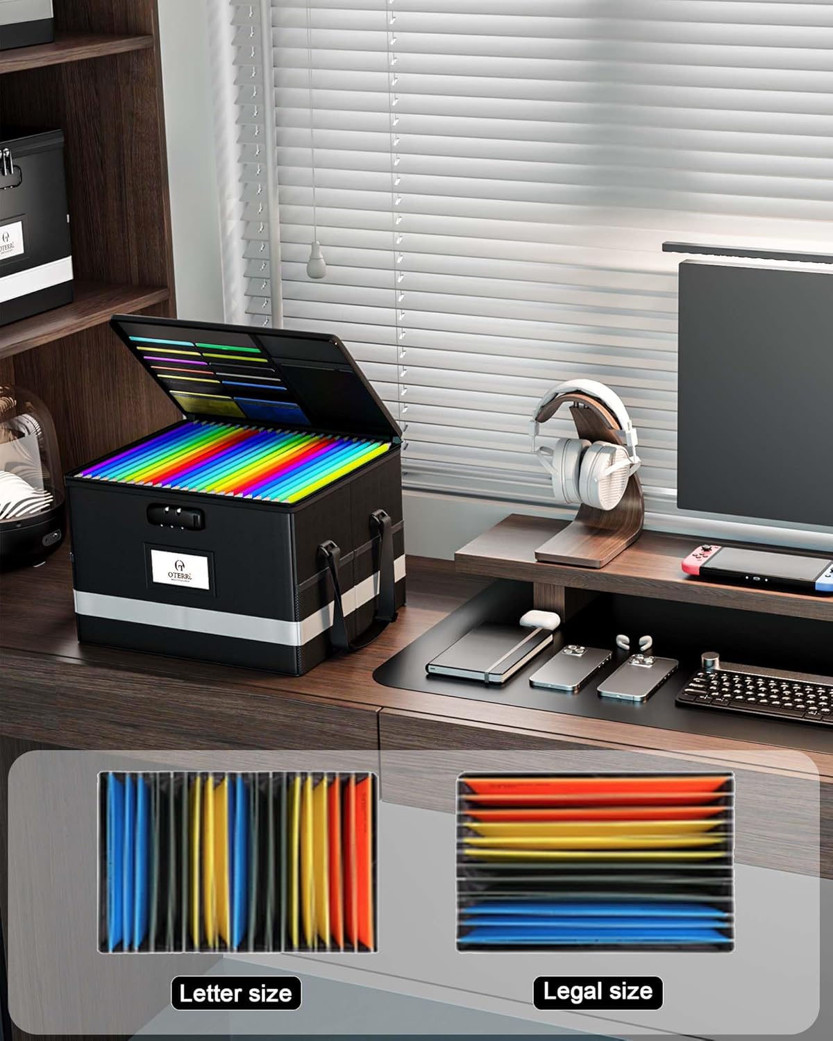 Oterri Large 2 Pack Fireproof Document Box With Lock, Portable File Safe Box Fireproof Waterproof For Hanging Letter&Legal Folders, Office Storage for Important Documents (Black)