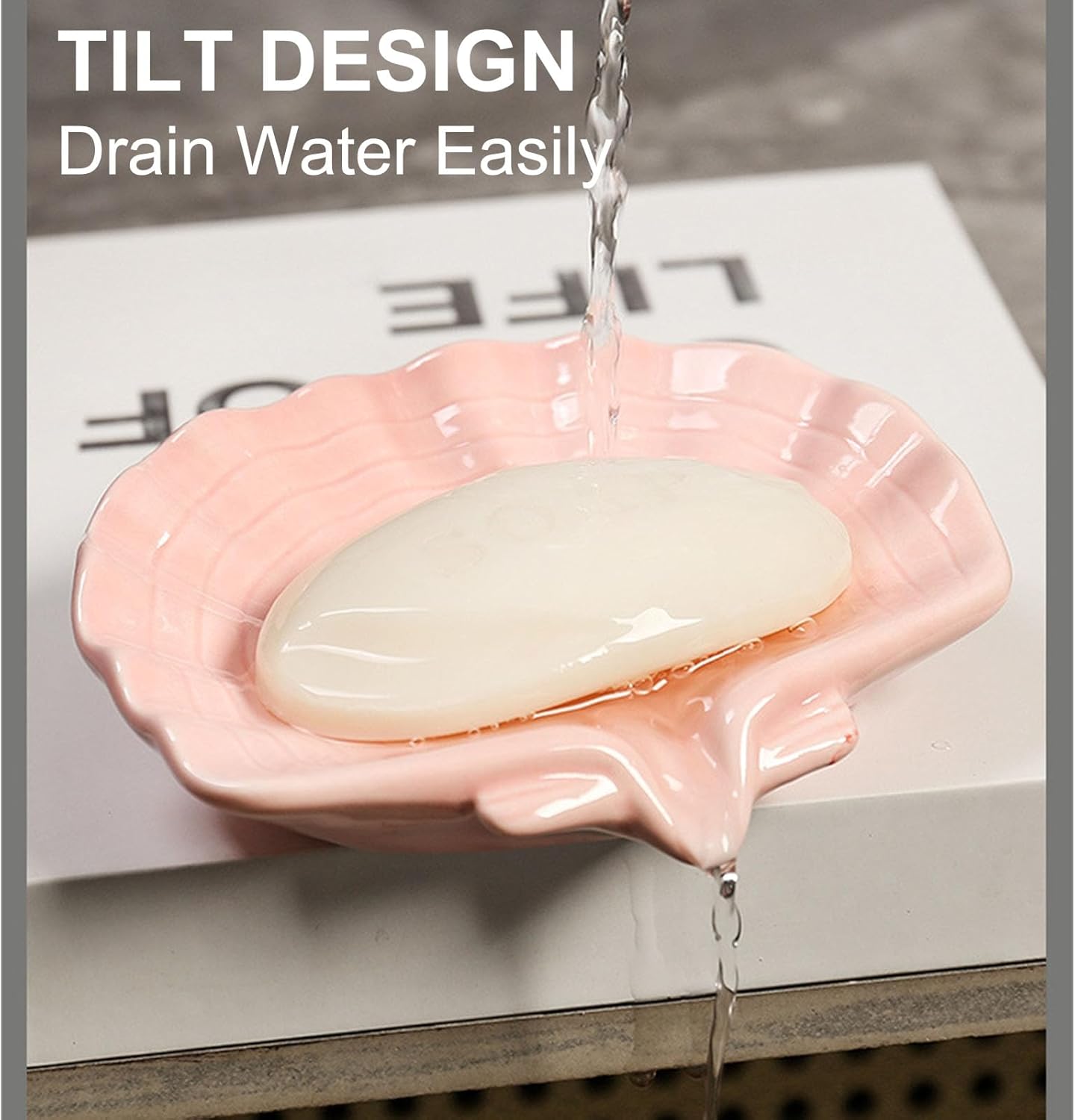 Ceramic Soap Holder, Sea-Shell Soap Tray with Self Draining, Soap Tray for Sink Washroom Bathroom Shower, Small Cute and Elegant Holder with Glaze, Easy Cleaning (Pink)
