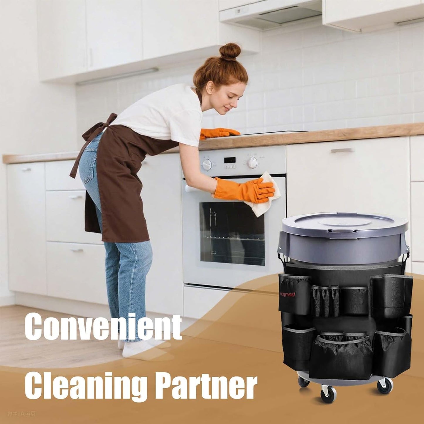 Trash Can Caddy Bag: 1680D Fabric Heavy-Duty Cleaning Caddy with Adjustable Buckle fits 32-55 gal Trash Can, Multi-Pockets Cleaning Tool Organizer for House Cleaners & Janitorial Duties