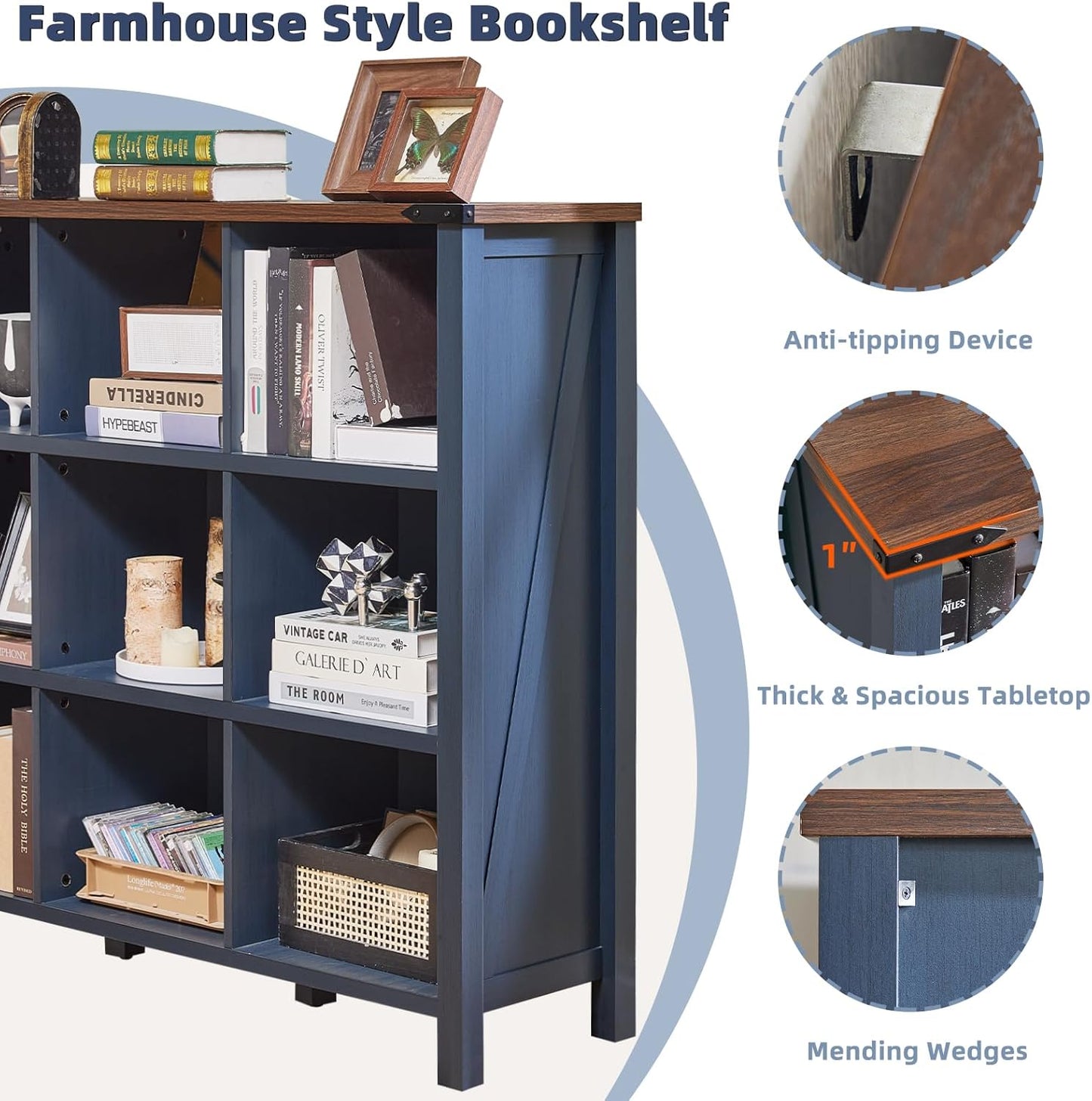 9 Cube Bookcase, Farmhouse 47 Inch Wide Navy Blue Bookshelf, Wooden 3 Tier Display Large Open Book Shelf, Vintage Horizontal Book Case for Home Office, Cubby Storage Cabinet for Living Room