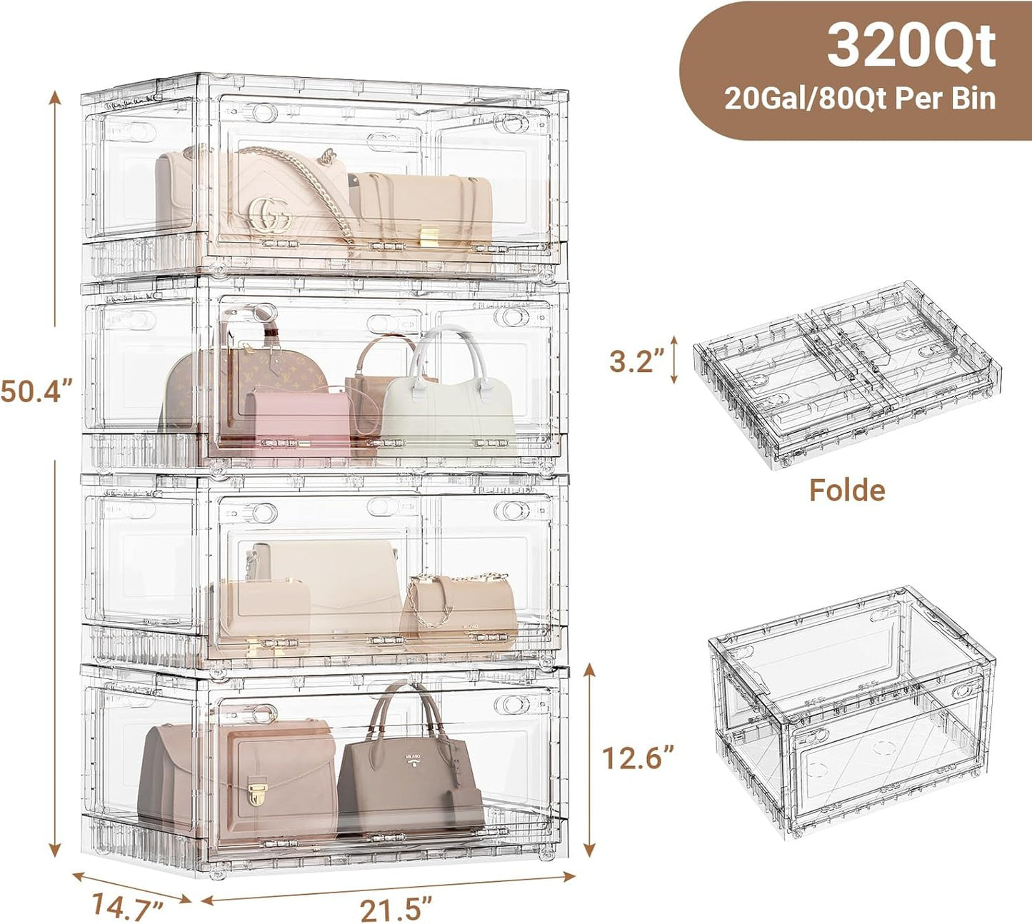 BROVIEW 320Qt Clear Stackable Storage Bins with Lids and Wheels, Shiny Plastic Storage Bins, Foldable PET Drawer Closet Organizers and Storage Cabinets Display Box for Home Craft Makeup, 4 Pack