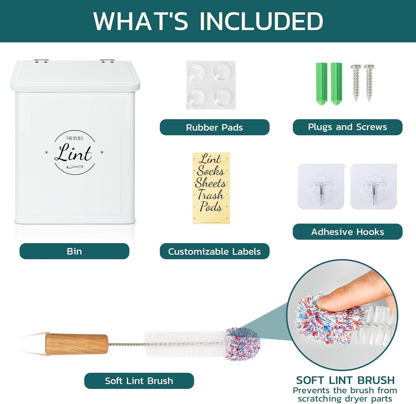 Minimis Customizable Mini Laundry Room Storage Bin - Small Magnetic Storage Holder Basket with Lid for Organizing Lint, Socks, Trash or Pods - Garbage Box Can be Mounted on a Wall/Dryer or Countertop