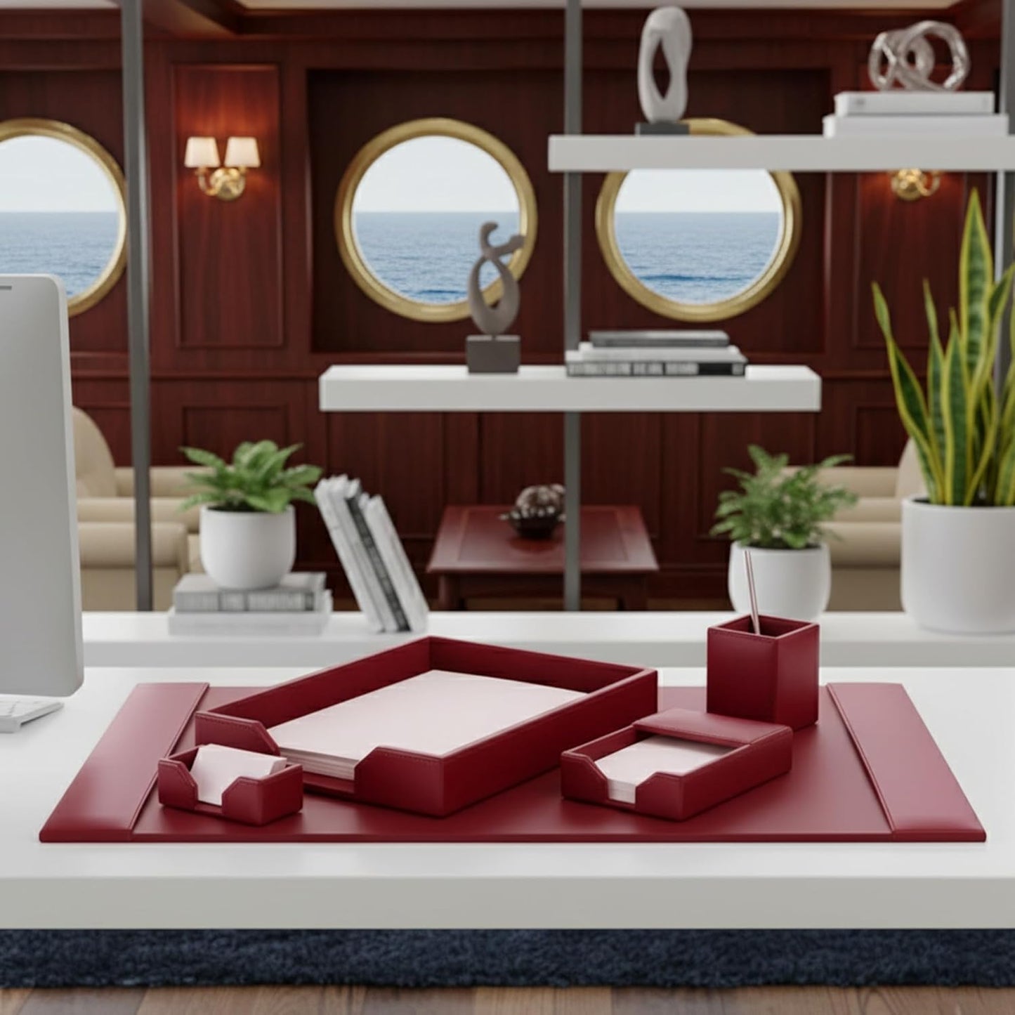 DACASSO Bonded Leather Desk Set - Luxury Leather Desk Pad & Desk Organization Essentials (Burgundy, 5 Piece)