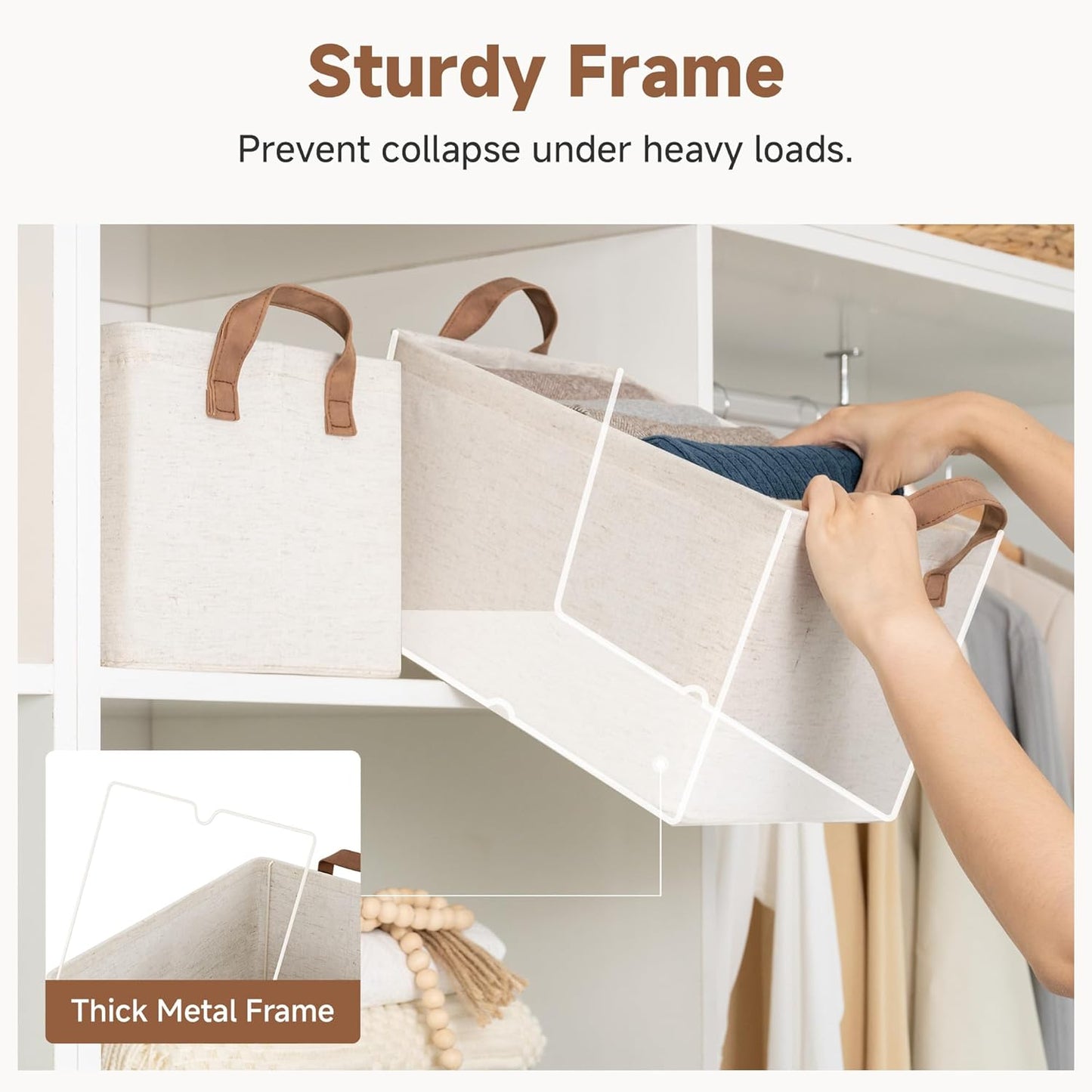 StorageWorks Storage Bins, Shelves Baskets for Organizing, Fabric Closet Organizers with Handles, Metal Frame, Beige（Cotton-linen）, 2-Pack