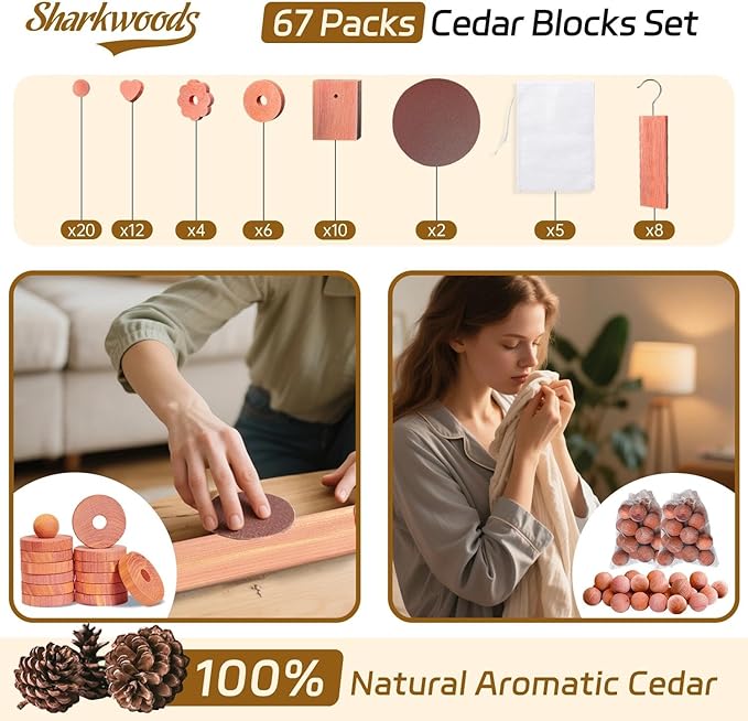 Cedar Blocks for Clothes Storage 67 Pack, Cedar Chips, Cedar Wood Balls and Rings, 100% Natural Aromatic Accessories for Closets and Drawers Freshener