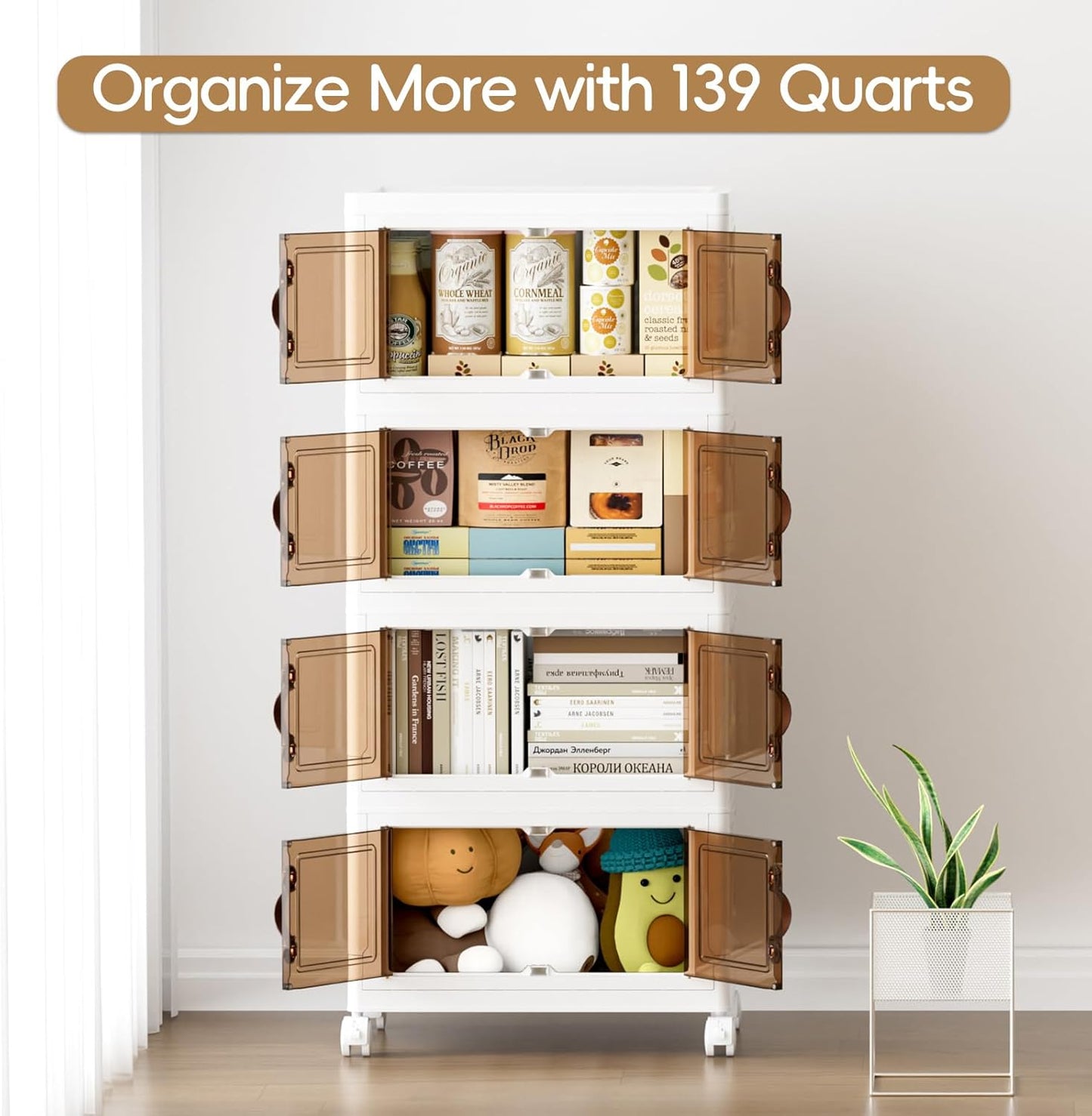 JEKO&JEKO 139Qt Stackable Storage Bins with Lids and Wheels, Foldable Collapsible Plastic Boxes for Clothes, Home, White, 4 Pack