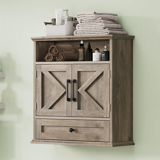 Bathroom Wall Cabinet, Wall Mounted Medicine Cabinet with Drawer, Barn Door & Adjustable Shelf, 24.4"H x 23.6"W x 9"D Grey Over Toilet Farmhouse Storage Cabinet for Kitchen, Laundry, Entryway