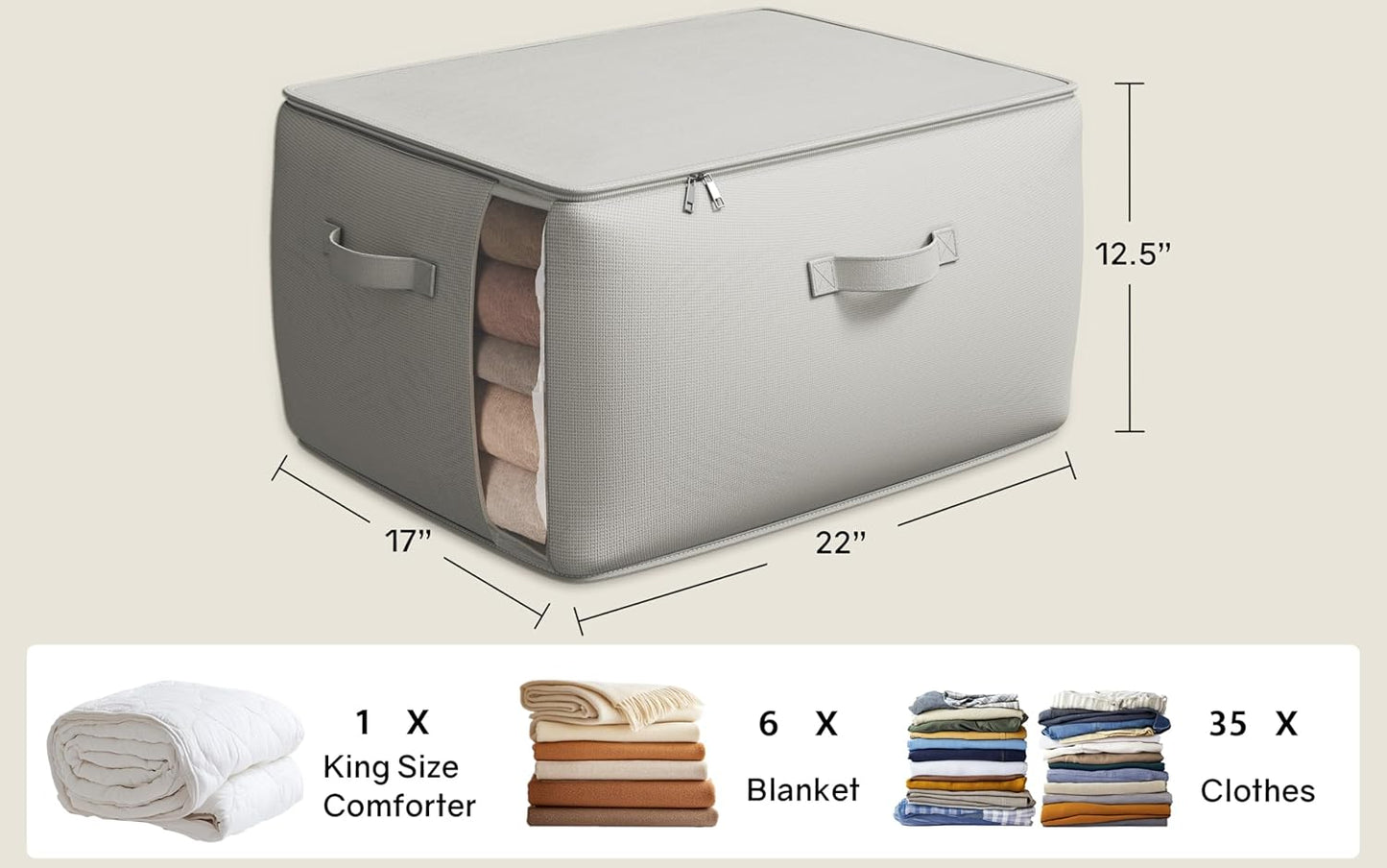 Vailando Large Canvas Comforter Storage Bags Closet Organizer for Clothes Sweater Clothes Organizer with Dual Zipper Three Carrying Handles for Blanket Closet Storage Container, 2 Pack, Grey