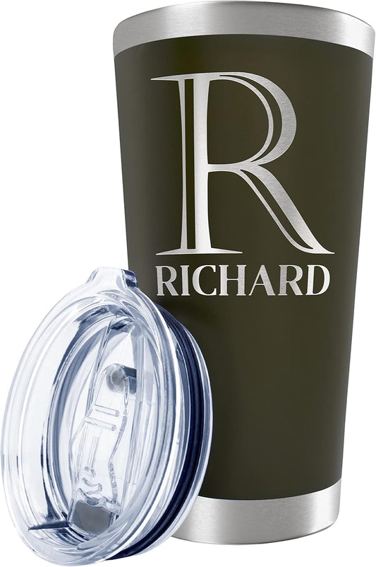 Personalized Tumbler with Engraved Name - 12 Designs, 20 Oz Coffee Tumbler with Slider Lid, Army Green, Double Wall Insulated - Custom Gifts for Men