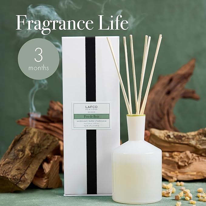 LAFCO New York Classic Reed Diffuser, Feu de Bois - 6 oz - Up to 3 Months Fragrance Life - Reusable Glass Vessel - Natural Wood Reeds - Made in The USA