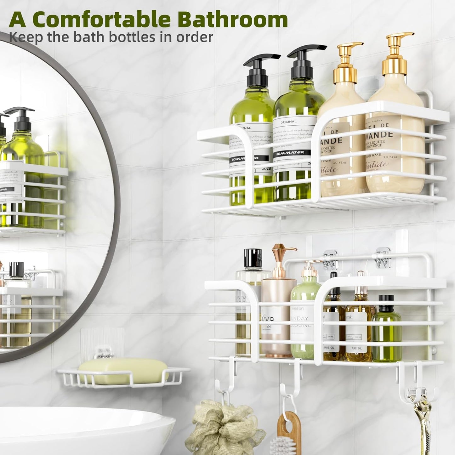 Yougai Bathroom Vanity Tray, Countertop and Vanity Tray and soap holder, 3pack Shower Caddy, No Drilling,Rustproof Adhesive Shower Organizer Shelves for Inside Shower, White Bathroom Tray Soap Tray