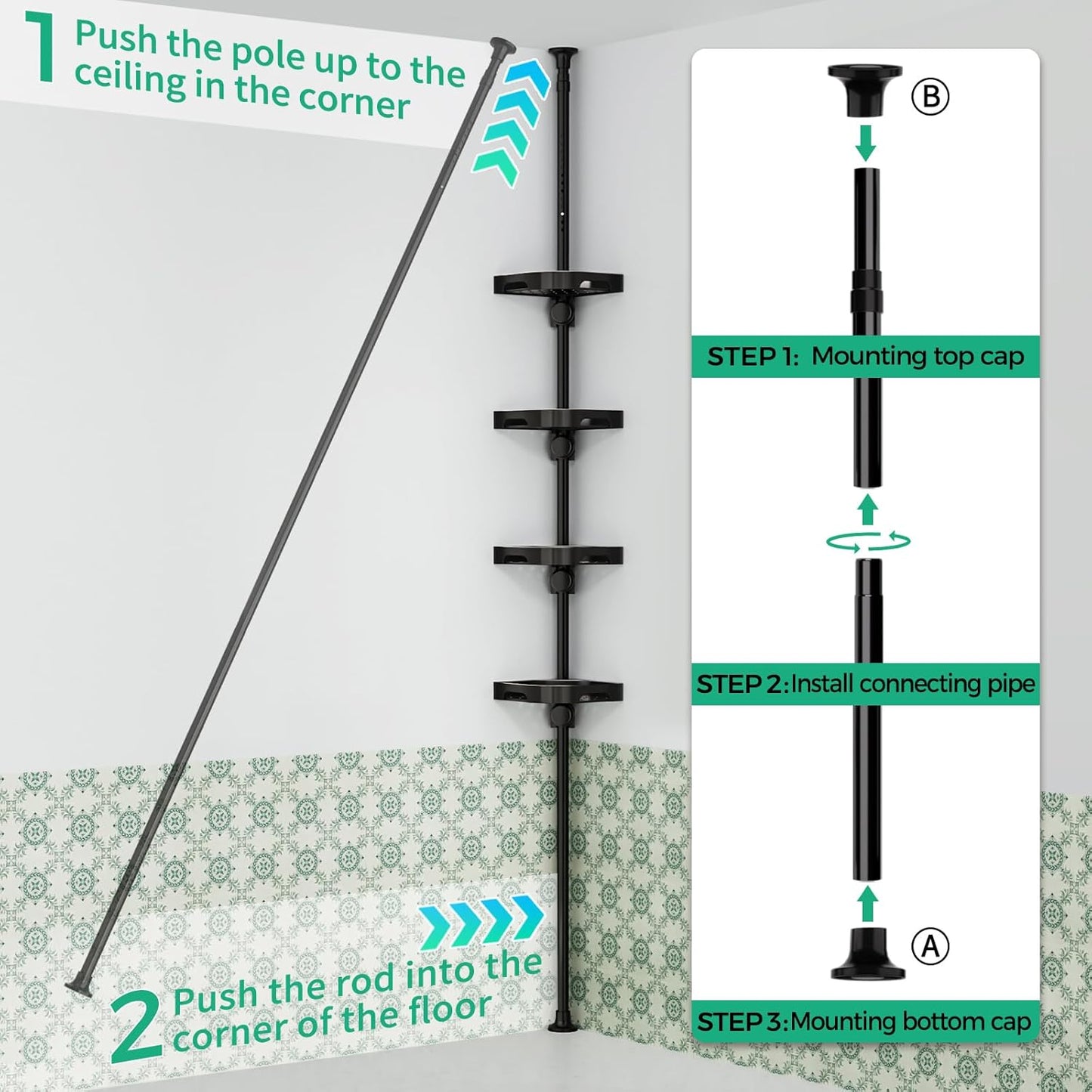 4-Tier Corner Shower Caddy Tension Pole Organizer - Adjustable Rustproof Metal Tension Pole, Plastic Shelves with Safety Guardrail, Bathroom Storage for Shower & Bathtub(Black)