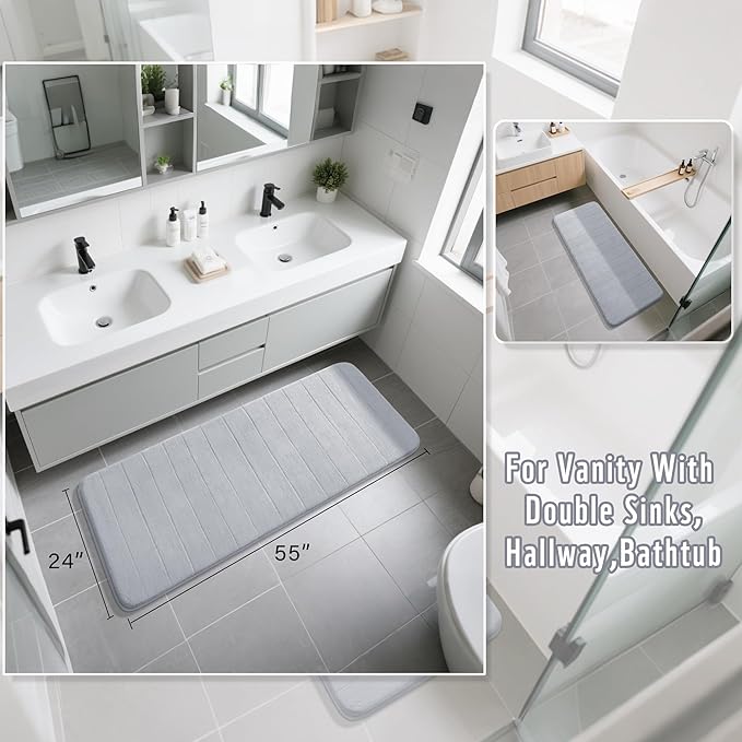 Yimobra Bathroom Runner 55"x24", Non Slip Memory Foam Bath Mat, Super Soft Water Absorbent Hallway Carpet, Machine Washable Rug for Vanity Tub Shower, Silver