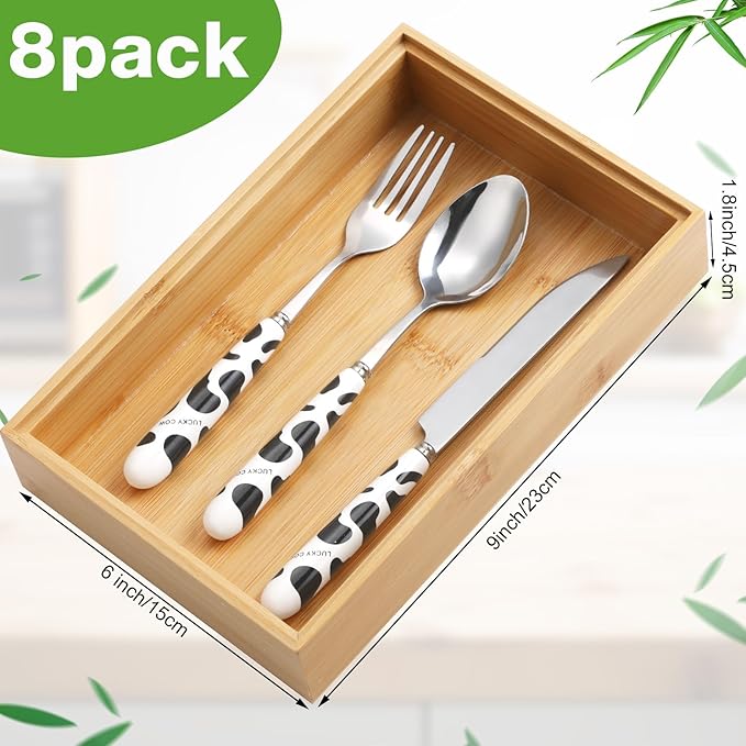 Kigley 8 Pieces Bamboo Drawer Organizer Kitchen Utensils Wooden Utensil Stackable Wooden Storage Box Bamboo Silverware Tray for Drawer(9 x 6 x 2 Inch,Wood)