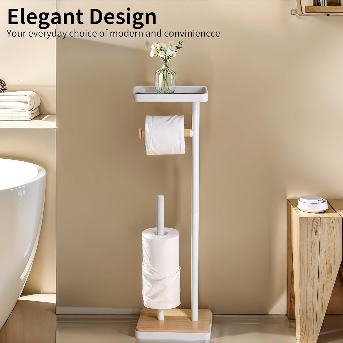 Toilet Paper Holder Stand, Free Standing Toilet Paper Holder with Storage and Top Shelf, White Toilet Paper Stand Weighted Base with Bamboo Design for Bathroom