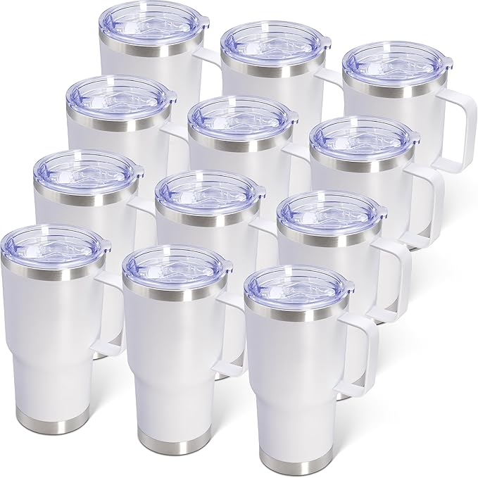 20 oz Tumbler with Handle and Lid, Stainless Steel Tumbler Insulated Travel Coffee Mug, Spill Proof Double Wall Vacuum Tumbler Cup Keep Drink Hot & Cold,White, 12 Pack