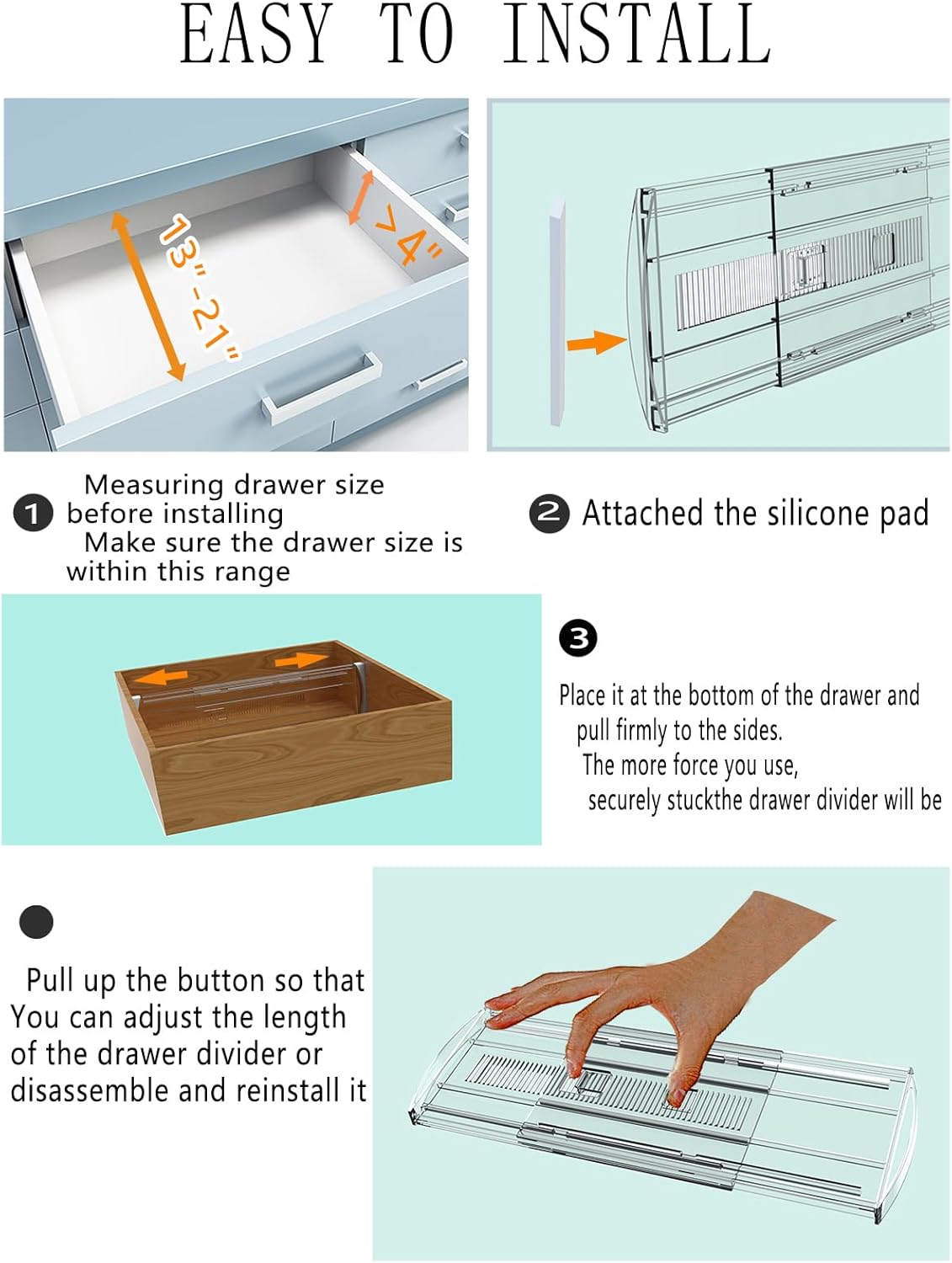 6 Pack Adjustable Drawer Dividers for Clothes,4" High Expandable From 13-21" Clear Drawer Organizers, PC Plastic Separators for Dresser/Bedroom/Bathroom/Kitchen/Office Storage