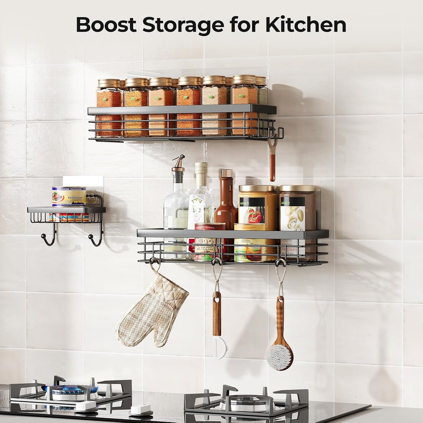 Orimade Adhesive Shower Caddy Soap Dish Holder Shelf with 5 Hooks Bathroom Organizer Basket Kitchen Storage Rack Wall Mounted No Drilling Stainless Steel - 3 Pack, Black