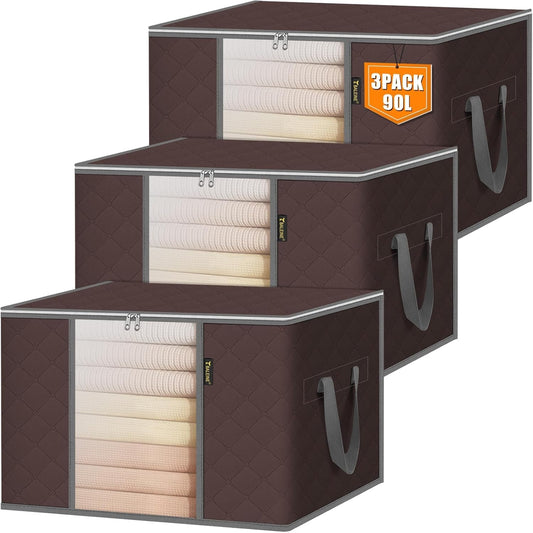 BALEINE 3 Pack Clothes Storage Bags, 24 Gallon Storage Containers with Reinforced Handle, Sturdy Zipper, Closet Organizer for Blanket, Comforter, Pillow, Bedding (Brown, 3 Pack)