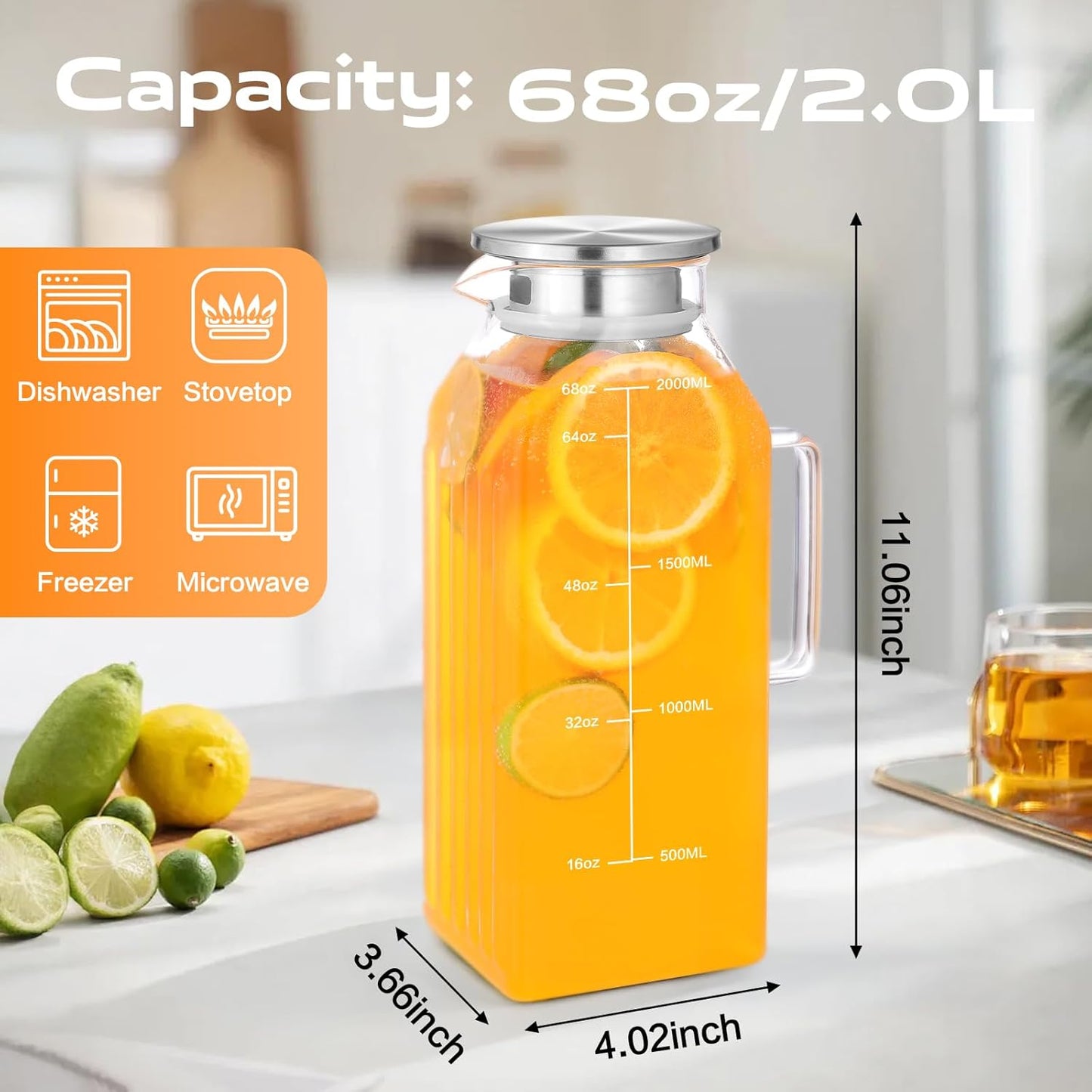 Aofmee 68oz Glass Pitcher for Fridge Door, 2 Liter Square Water Pitcher with Lid and Scale Line, Heat Resistant Tea Pitchers, Leak Proof Juice Jug, Borosilicate Glass Carafe for Hot/Cold Beverage