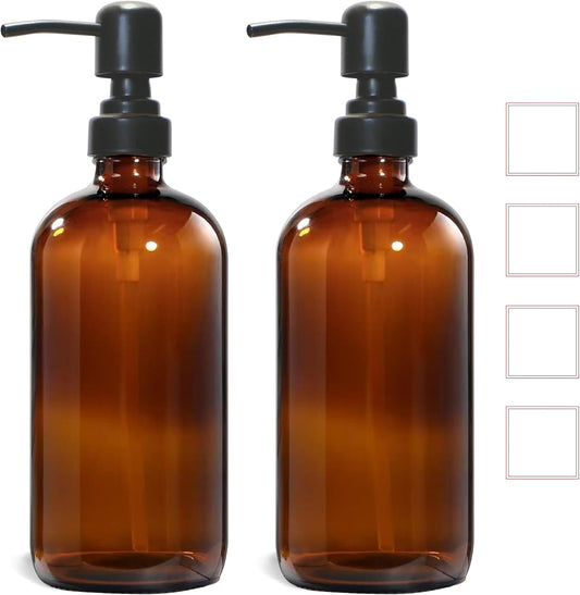 Amber Glass Soap Dispenser, 2 Pack Hand Soap Dispenser with Stainless Steel Pump for Bathroom and Kitchen, 16 oz, Premium Glass Pump Bottles