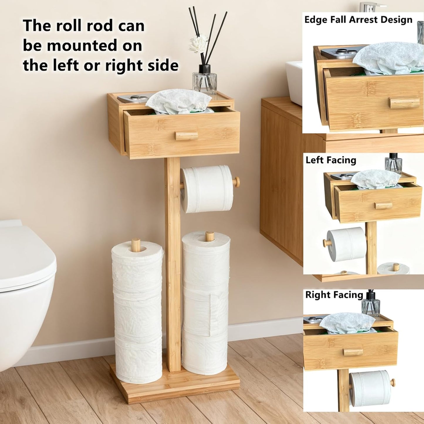 Freestanding Toilet Paper Holder Stand with Shelf, Bamboo Toilet Paper Roll Holder with Wet Wipes Storage Drawer,Bathroom(2 Rods,Stores 6 Rolls)