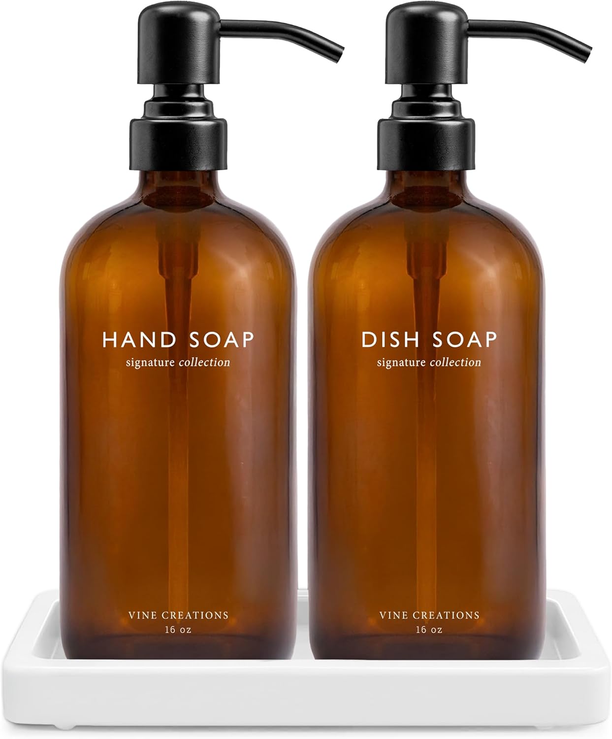 Vine Creations Amber Glass Soap Dispenser Set, Kitchen Soap Dispenser Set with Ceramic Tray, 16 oz Dish Soap and Hand Soap Dispensers with Stainless Steel Pump Decor (Amber Bottle/Matte Black)