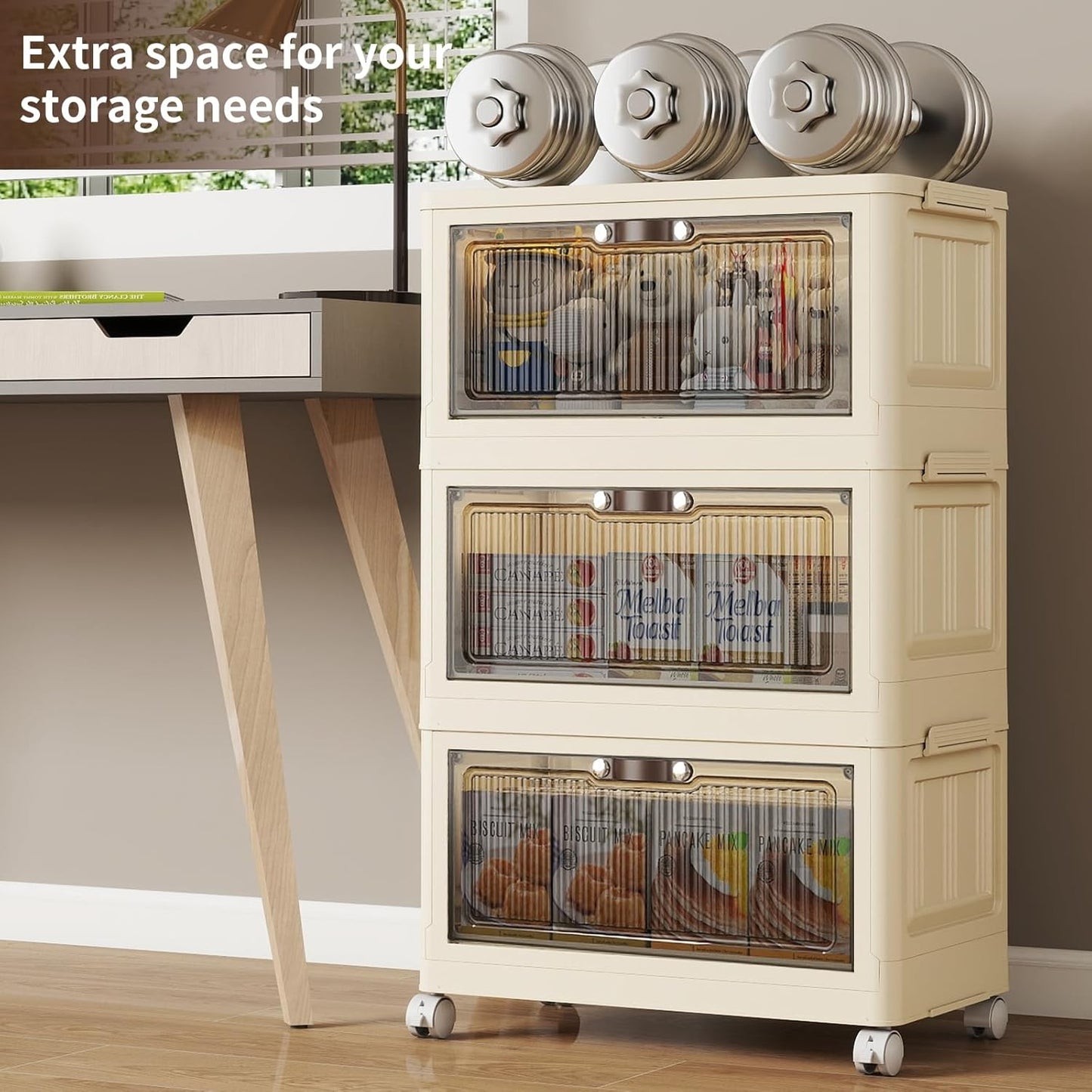 3 Tier - 34QT Storage Bins with Lids, Collapsible Storage Bins with Doors and Wheels, Plastic Storage Cabinet for Easy Storage and Organization for Living Room, Office