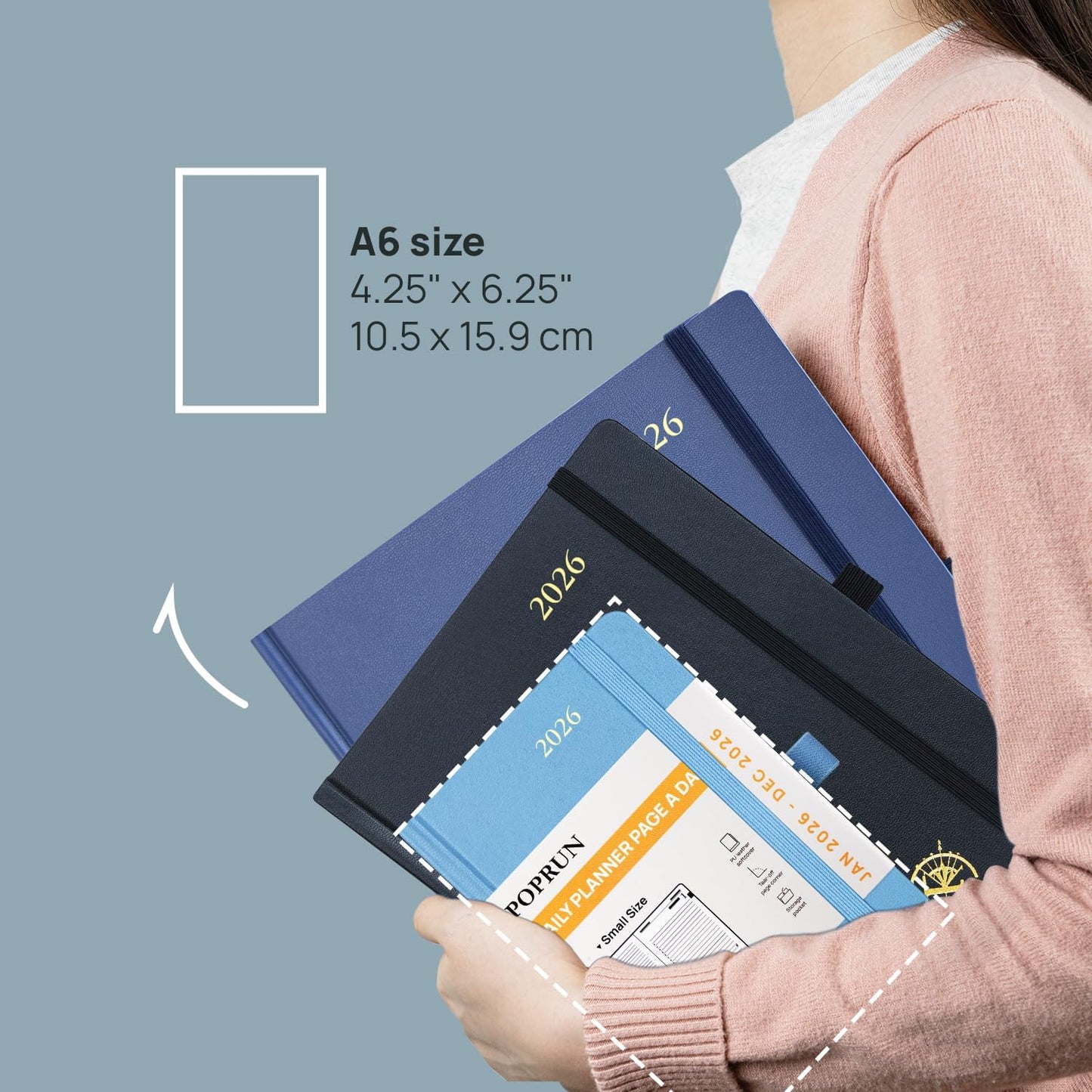 POPRUN 2026 Daily Planner One Page Per Day A6 Size Calendar (4.25" x 6.25") - 12 Months Hourly Appointment Book with Hardcover, Monthly Tabs, Pocket, Pen Holder - Burgundy