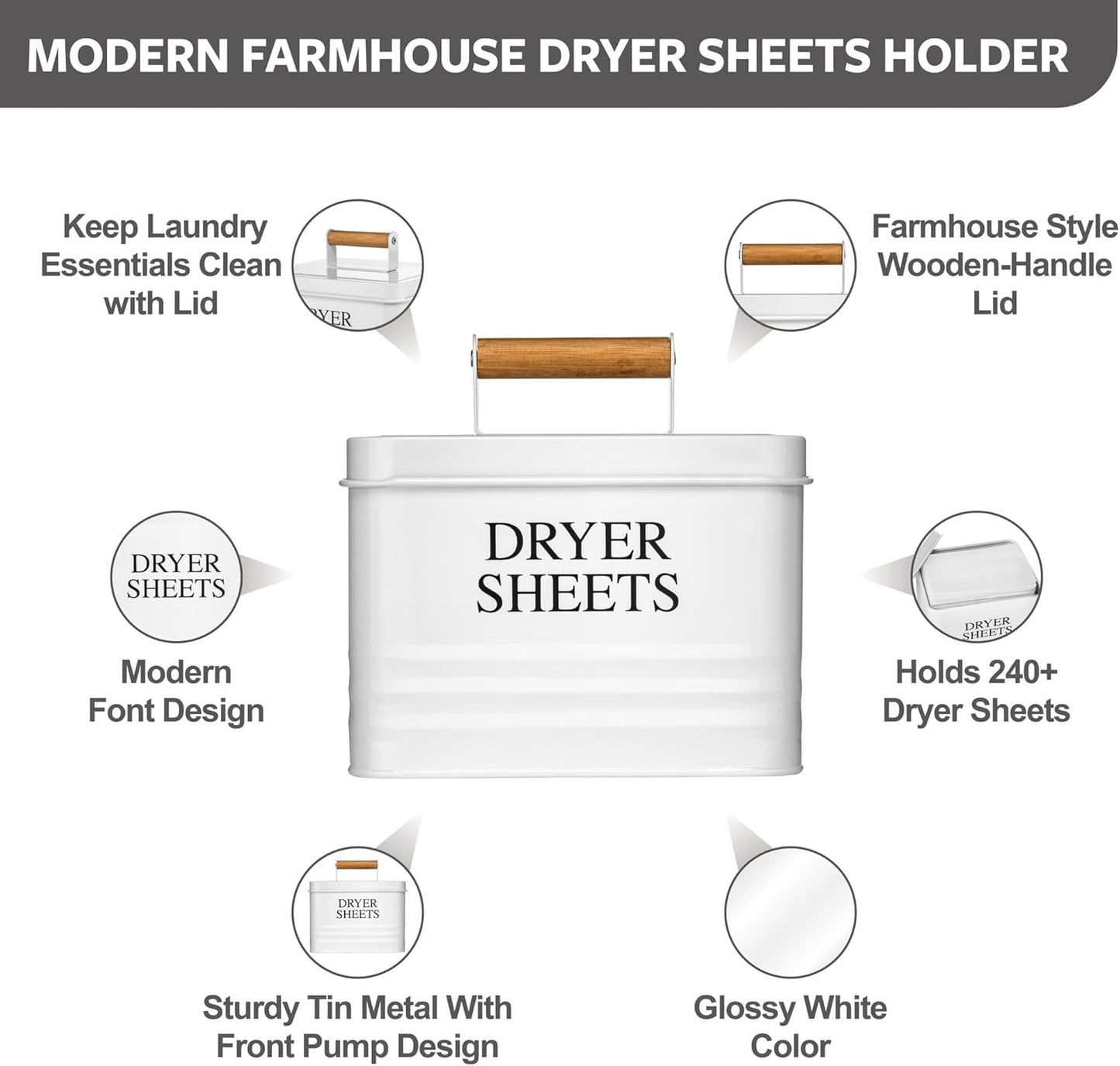 Calindiana Modern Farmhouse Metal Laundry Dryer Sheets Holder Fabric Softener Dispenser with Lid for Laundry Room Decor and Accessories and Space Saving Laundry Organization and Storage, White