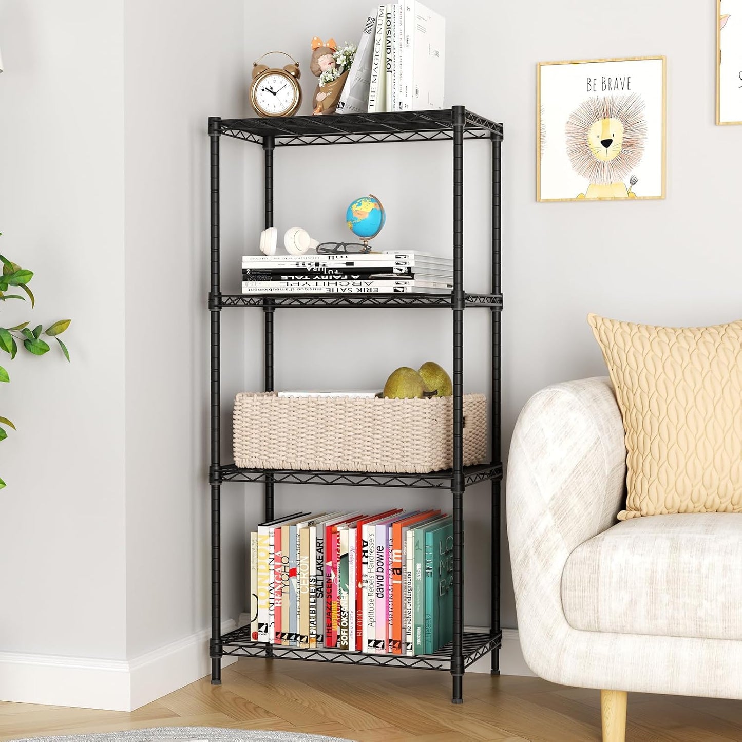 4 Tier Adjustable Storage Shelves,Heavy Duty Metal Utility Shelf 600LBS Capacity,Wire Shelving Unit Organizer Rack for Home Kitchen Office BathroomM Pantry Room 12" D x 22" W x 43.5" H Black