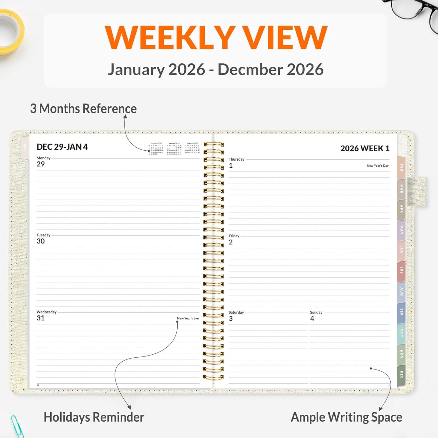 SUNEE 2026 Weekly & Monthly Planner 9"x11.2"- 12 Month (January 2026 - December 2026), Linen Cover, Pocket, Bookmark, Notes, Monthly Tab, Beige