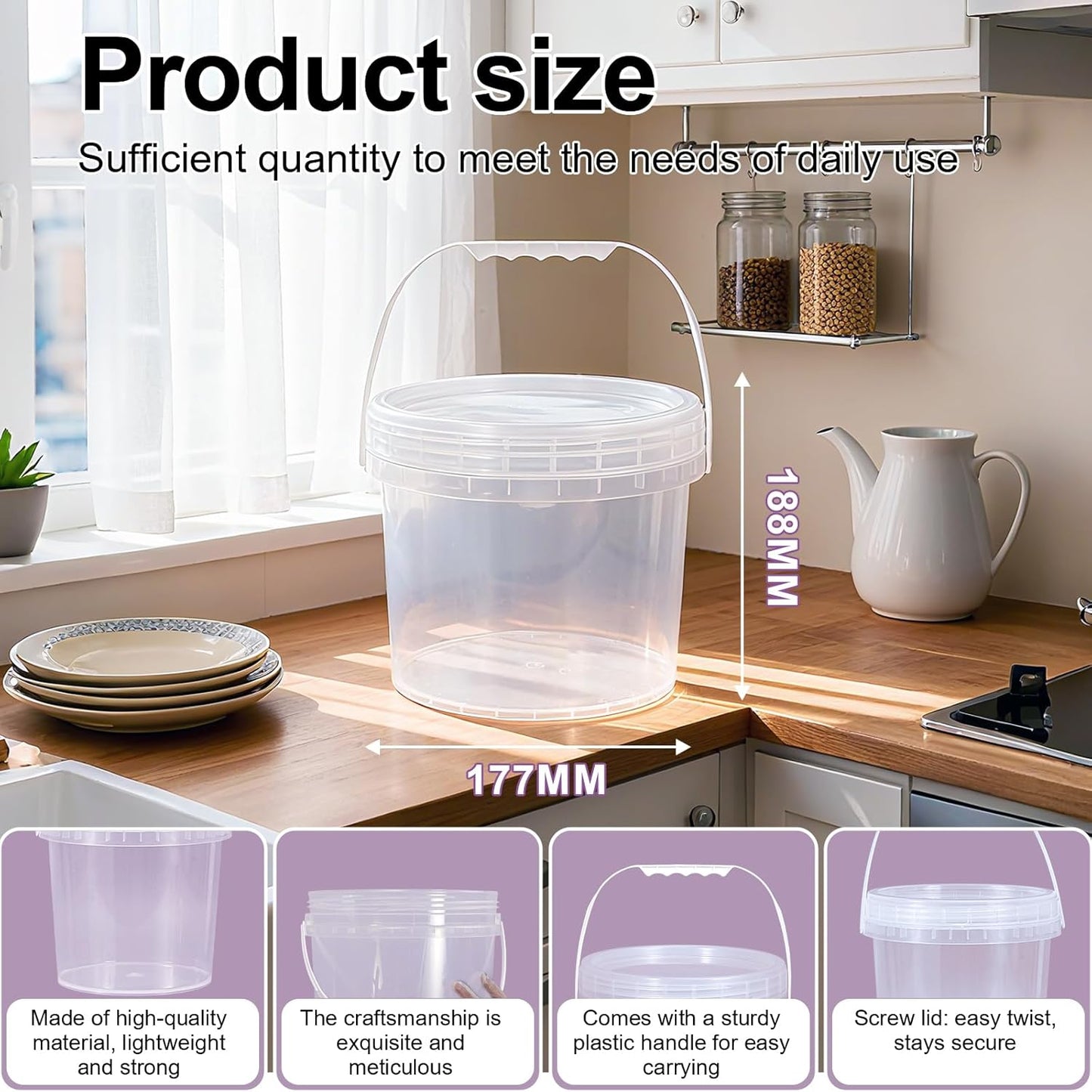 4 Pack 1 Gallon Food Grade Plastic Buckets with Screw Lids & Handle, Reusable Storage Containers for Snacks, Salad, Sauce - Clear Freezer Safe Bucket Set