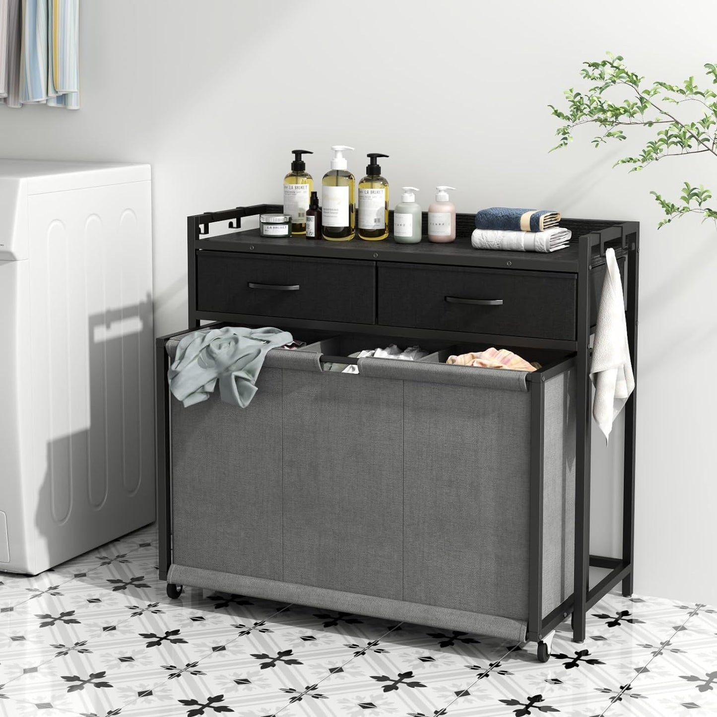 Laundry Hamper Laundry Basket with 3 Section Pull-Out Rolling Bags, Laundry Sorter for Organization and Storage with 2 Pull-Out Drawers for Laundry Room, Bathroom, Bedroom Use (Black)