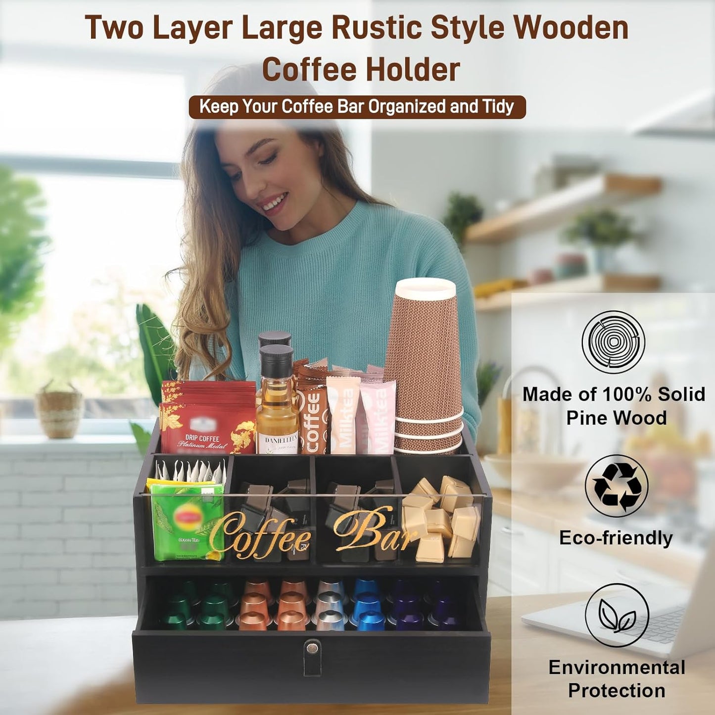 2-Tier Coffee Bar Organizer with Clear Acrylic Top, Built-in Drawer and Leather Handle Pull for Countertop, Stylish Coffee Station Storage Box for Accessories, Pods, Great Gifts for Home