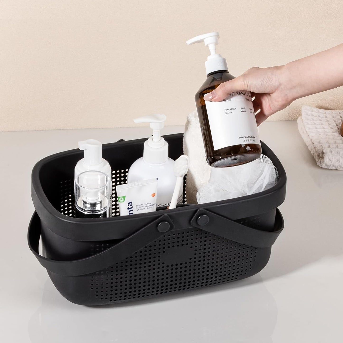 JiatuA Plastic Storage Basket with Handle Portable Shower Caddy Tote Organizer Basket Bin for Bathroom Kitchen Dorm Room Bedroom, Black