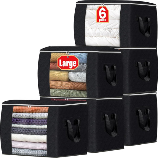 Fab totes 24 Gallons Clothes Storage, Foldable Thick Fabric Blanket Storage Bags, Containers for Organizing Bedroom, Closet, Clothing, Comforter, Organization with Handle (6 Pack,Black)