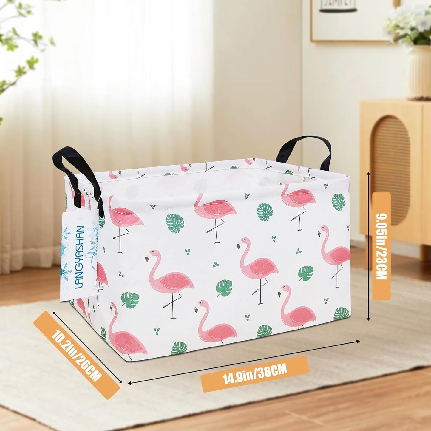 LANGYASHAN Rectangular Storage Bin Collapse Canvas Fabric Cartoon Storage Basket with Handles for Organizing Home Kitchen Boys and Girls Toys Office Closet Shelf Baskets(Rec Leaf Flamingo)