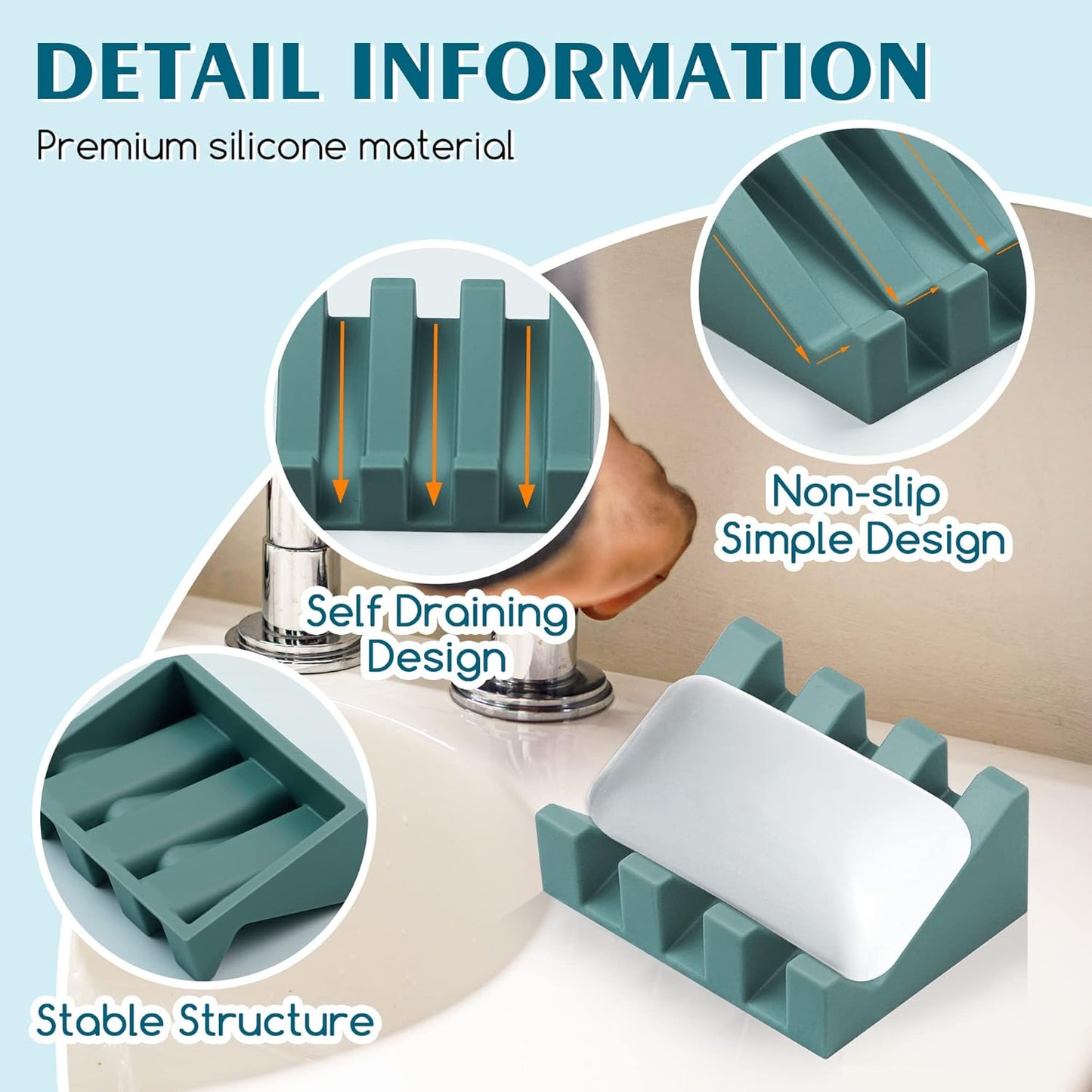 Silicone Soap Dish for Bar Soap Holder for Shower Bathroom Self Draining Waterfall Drying Tray Keep Soap Bars Dry Clean & Easy Cleaning (White/Green, 2)