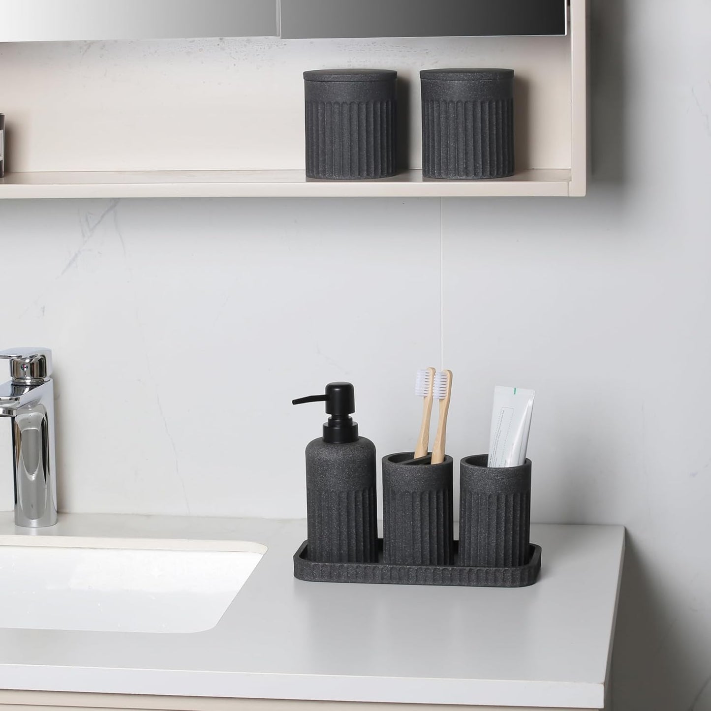 Bathroom Accessory Set - 6 Pieces Bathroom Accessories Set Complete with Soap Dispenser, Toothbrush Holders, Tumbler, Vanity Tray and 2 Qtip Holder for Home Organizer and Decor, Dark Grey